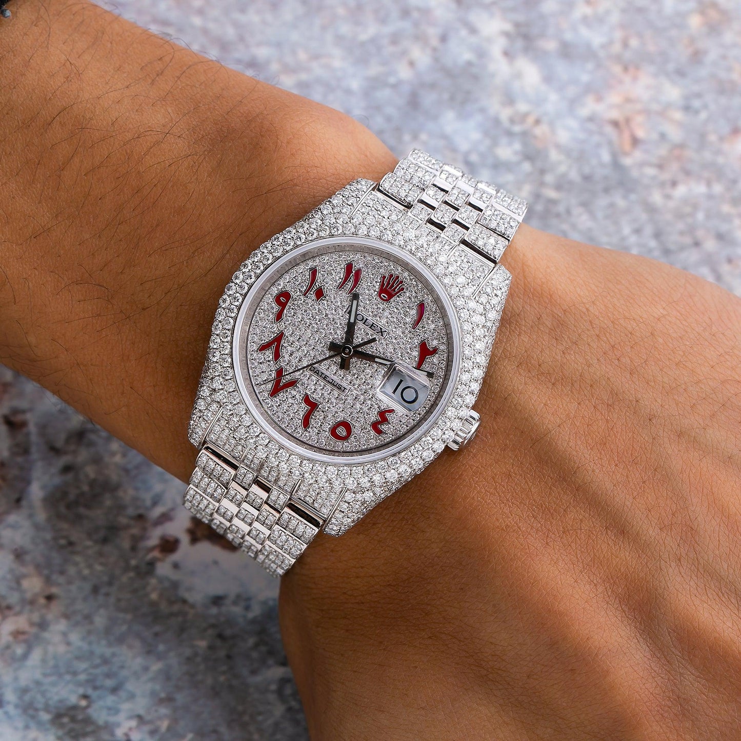 Rolex Datejust 36MM 116234 Diamond Paved Red Eastern Arabic Dial Diamond Bezel Stainless Steel Full Diamond Jubilee Bracelet 12.75ct
