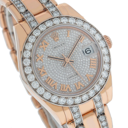 Rolex Datejust Masterpiece 34MM 81285 Diamond Paved Roman Dial Diamond Bezel 18K Rose Gold Semi Diamond Pearlmaster Bracelet
