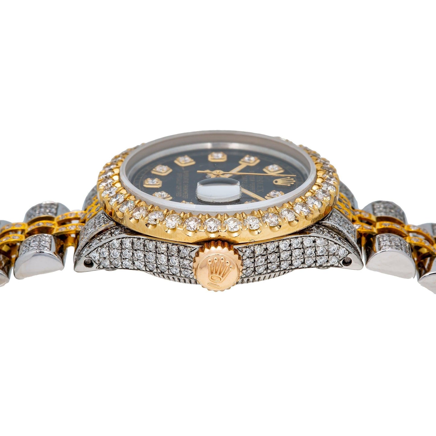 Rolex Datejust 26MM 6516 Black Diamond Dial Diamond Bezel Two Tone Yellow Gold Full Diamond Jubilee Bracelet 6.25ct