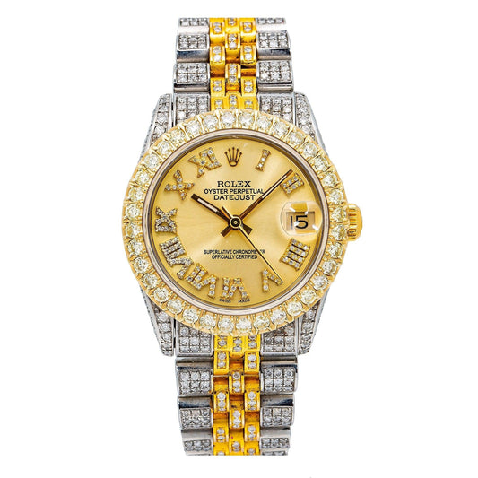 Rolex Datejust 31MM 6824 Champagne Roman Diamond Dial Diamond Bezel Two Tone Yellow Gold Full Diamond Jubilee Bracelet 8.75ct