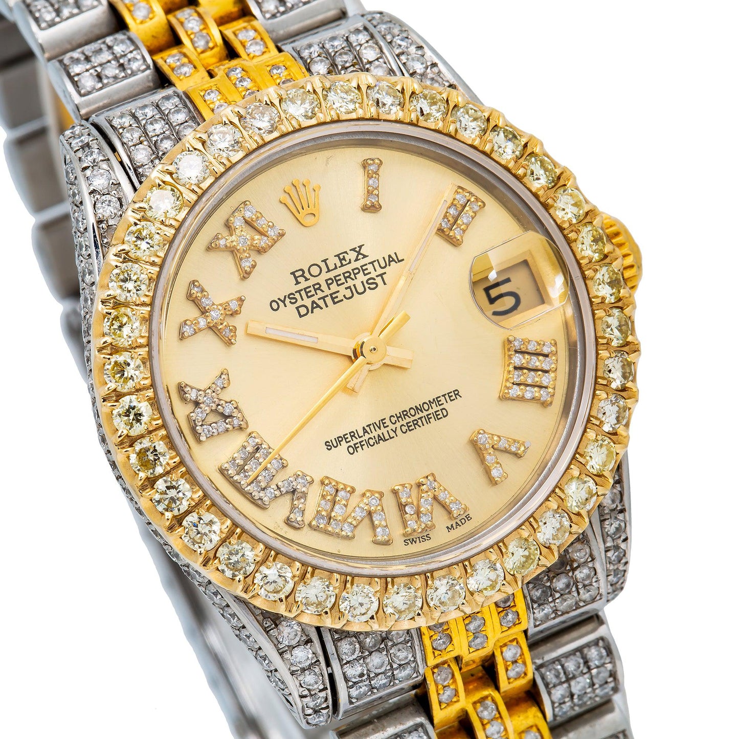 Rolex Datejust 31MM 6824 Champagne Roman Diamond Dial Diamond Bezel Two Tone Yellow Gold Full Diamond Jubilee Bracelet 8.75ct