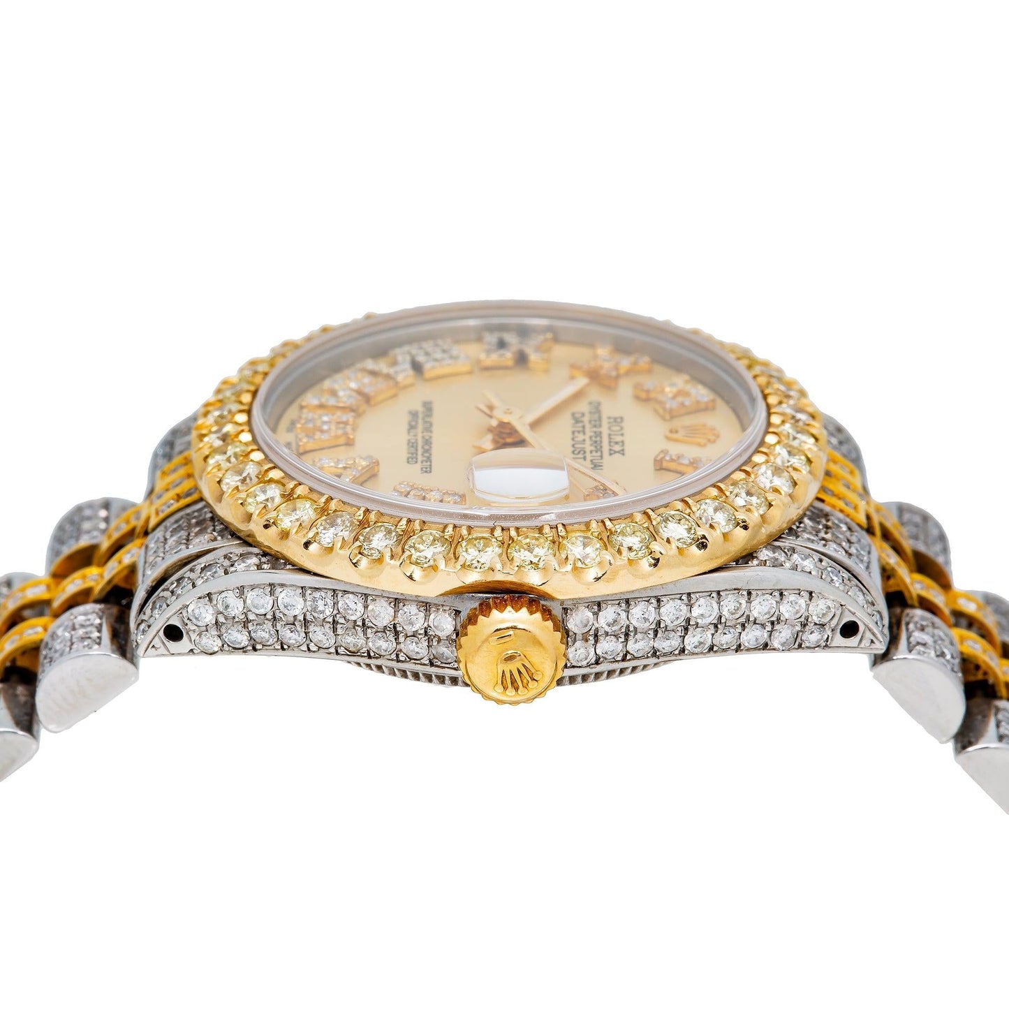 Rolex Datejust 31MM 68273 Champagne Roman Diamond Dial Diamond Bezel Two Tone Yellow Gold Full Diamond Jubilee Bracelet 8.75ct