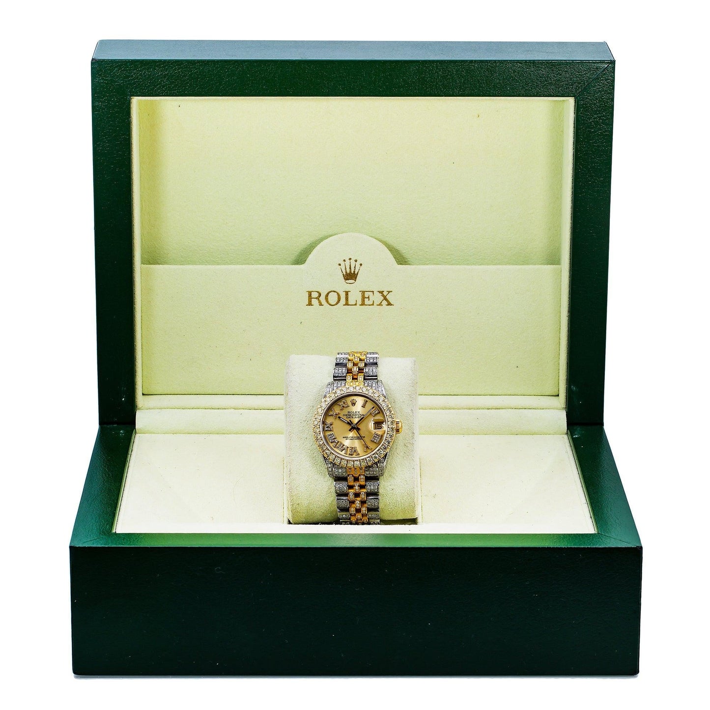 Rolex Datejust 31MM 68273 Champagne Roman Diamond Dial Diamond Bezel Two Tone Yellow Gold Full Diamond Jubilee Bracelet 8.75ct