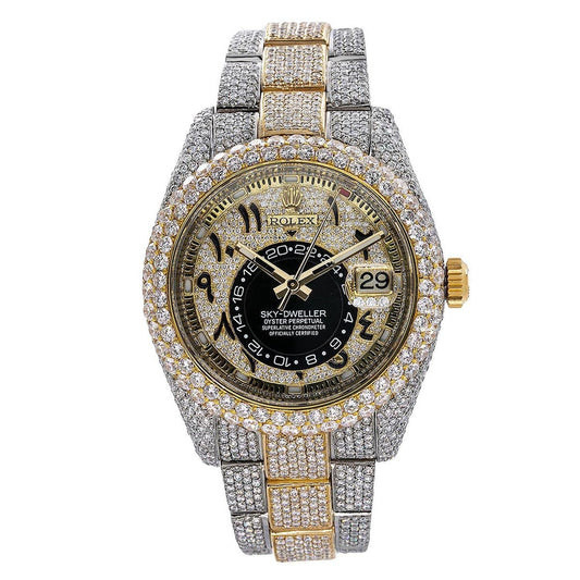 Rolex Sky-Dweller 42MM 326933 Diamond Paved Eastern Arabic Dial Diamond Bezel Two Tone Yellow Gold Full Diamond Oyster Bracelet 25.75ct