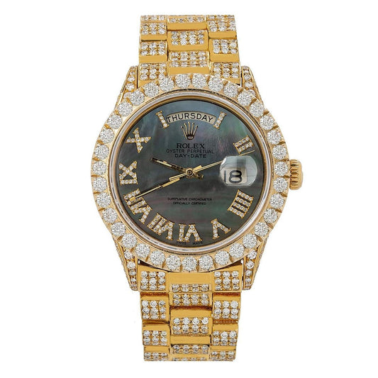 Rolex Day-Date 36MM 18038 Black Mother of Pearl Roman Diamond Dial Diamond Bezel 18K Yellow Gold Full Diamond President Bracelet 14.75ct