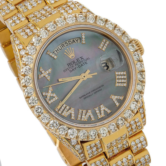 Rolex Day-Date 36MM 18038 Black Mother of Pearl Roman Diamond Dial Diamond Bezel 18K Yellow Gold Full Diamond President Bracelet 14.75ct
