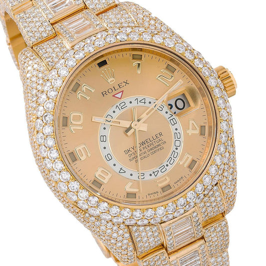 Rolex Sky-Dweller 42MM 326938 Champagne Dial Diamond Bezel 18K Yellow Gold Full Diamond Oyster Bracelet 31ct