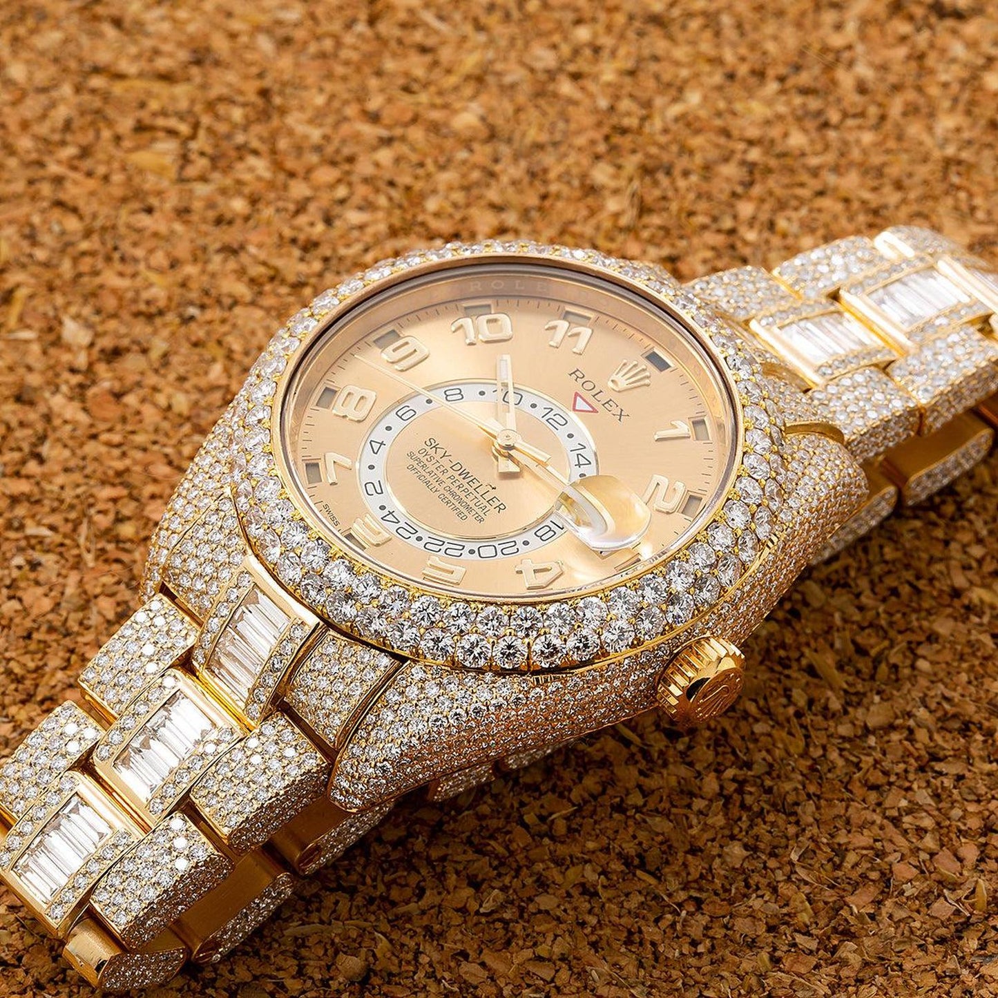 Rolex Sky-Dweller 42MM 326938 Champagne Dial Diamond Bezel 18K Yellow Gold Full Diamond Oyster Bracelet 31ct