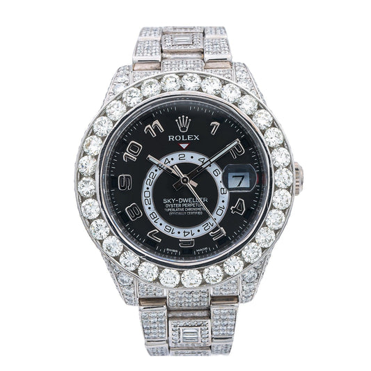 Rolex Sky-Dweller 42MM 326939 Black Arabic Dial Diamond Bezel 18K White Gold Full Diamond Oyster Bracelet 26.22ct