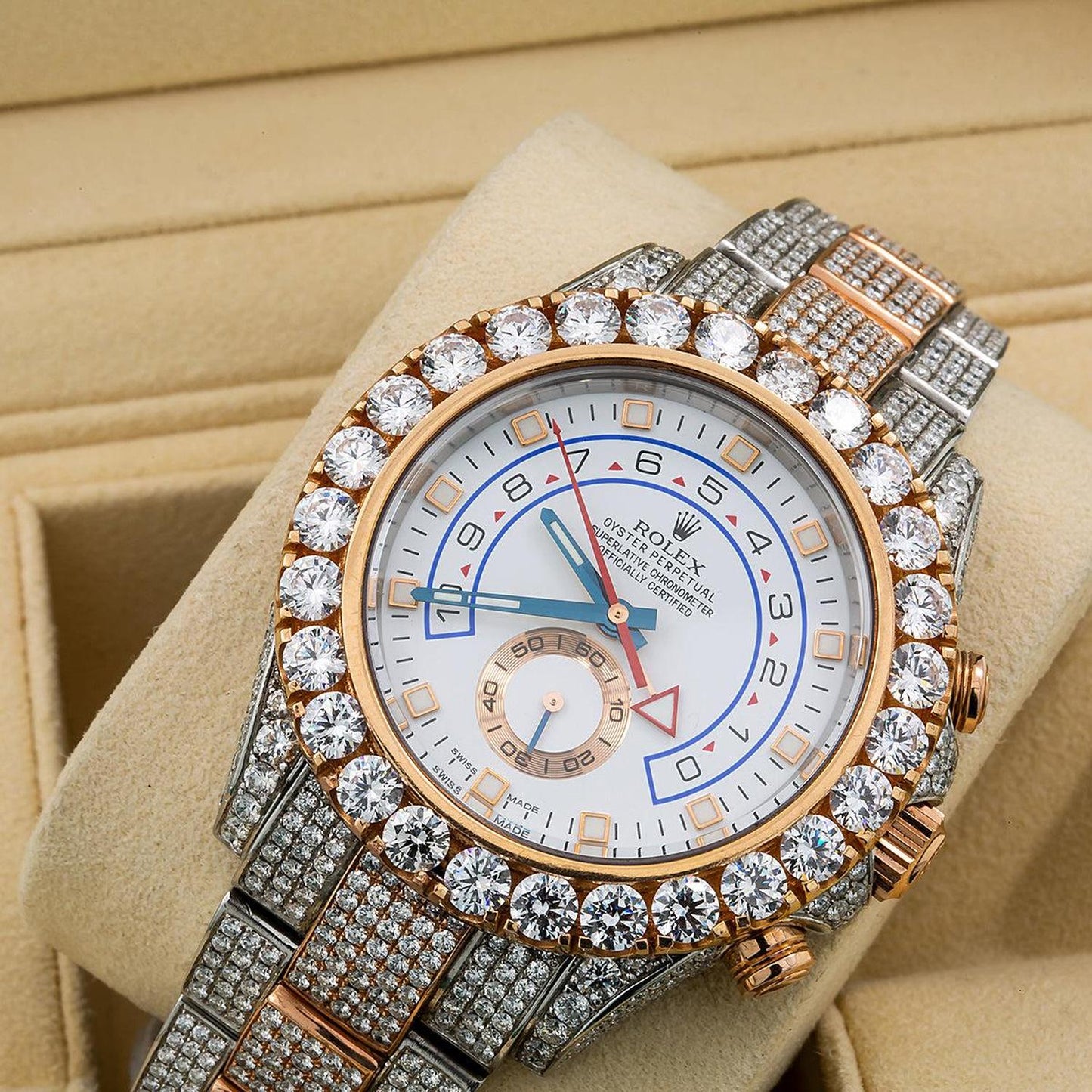 Rolex Yacht-Master II 44MM 116681 White Dial Diamond Bezel Two Tone Rose Gold Full Diamond Oyster Bracelet 17.5ct