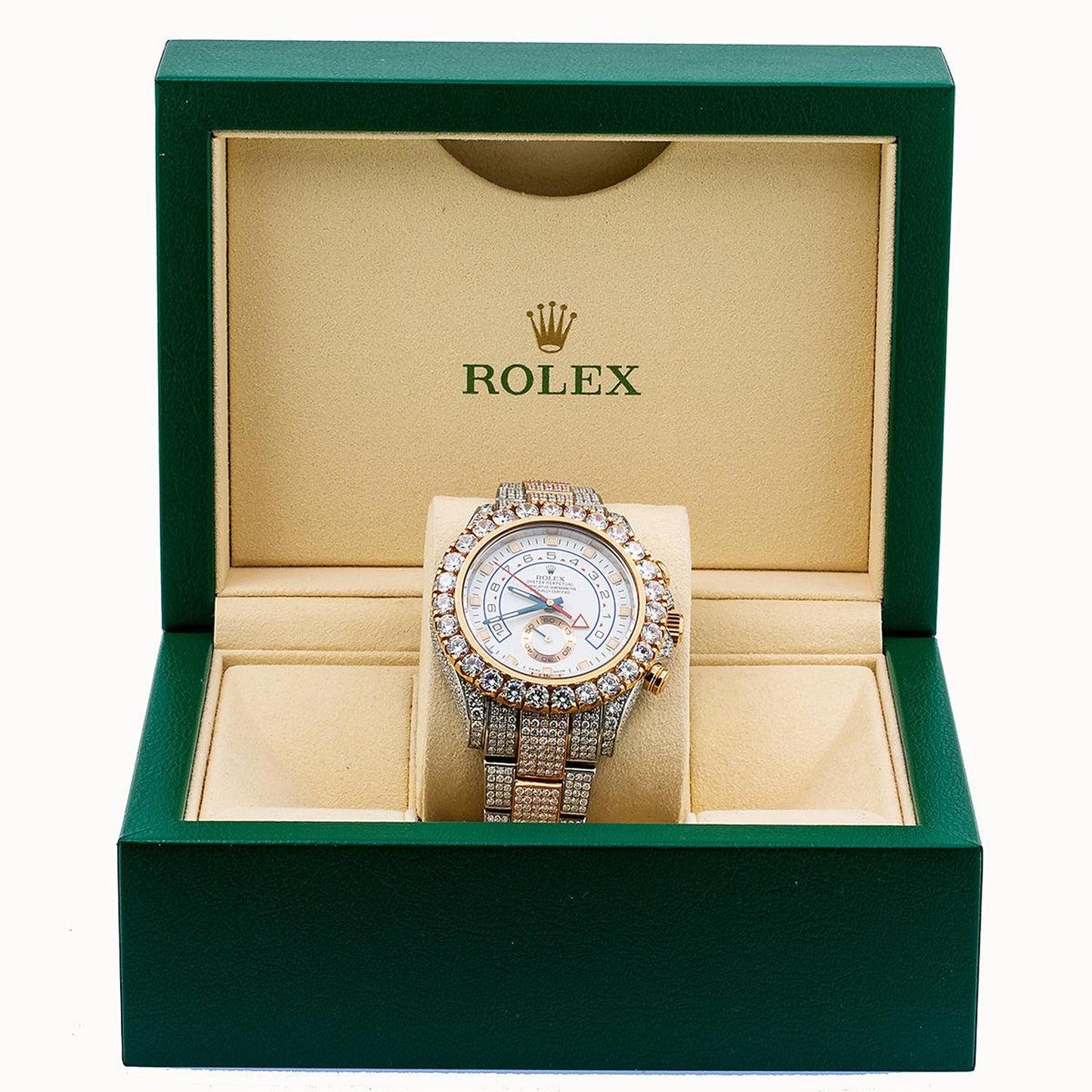 Rolex Yacht-Master II 44MM 116681 White Dial Diamond Bezel Two Tone Rose Gold Full Diamond Oyster Bracelet 17.5ct