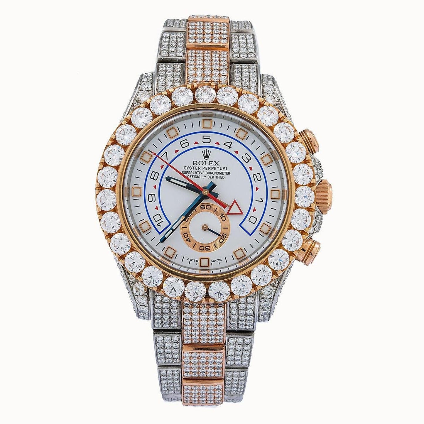 Rolex Yacht-Master II 44MM 116681 White Dial Diamond Bezel Two Tone Rose Gold Full Diamond Oyster Bracelet 17.5ct