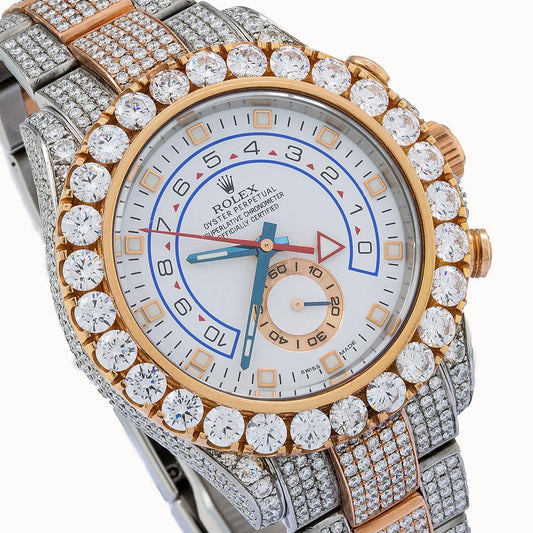 Rolex Yacht-Master II 44MM 116681 White Dial Diamond Bezel Two Tone Rose Gold Full Diamond Oyster Bracelet 17.5ct