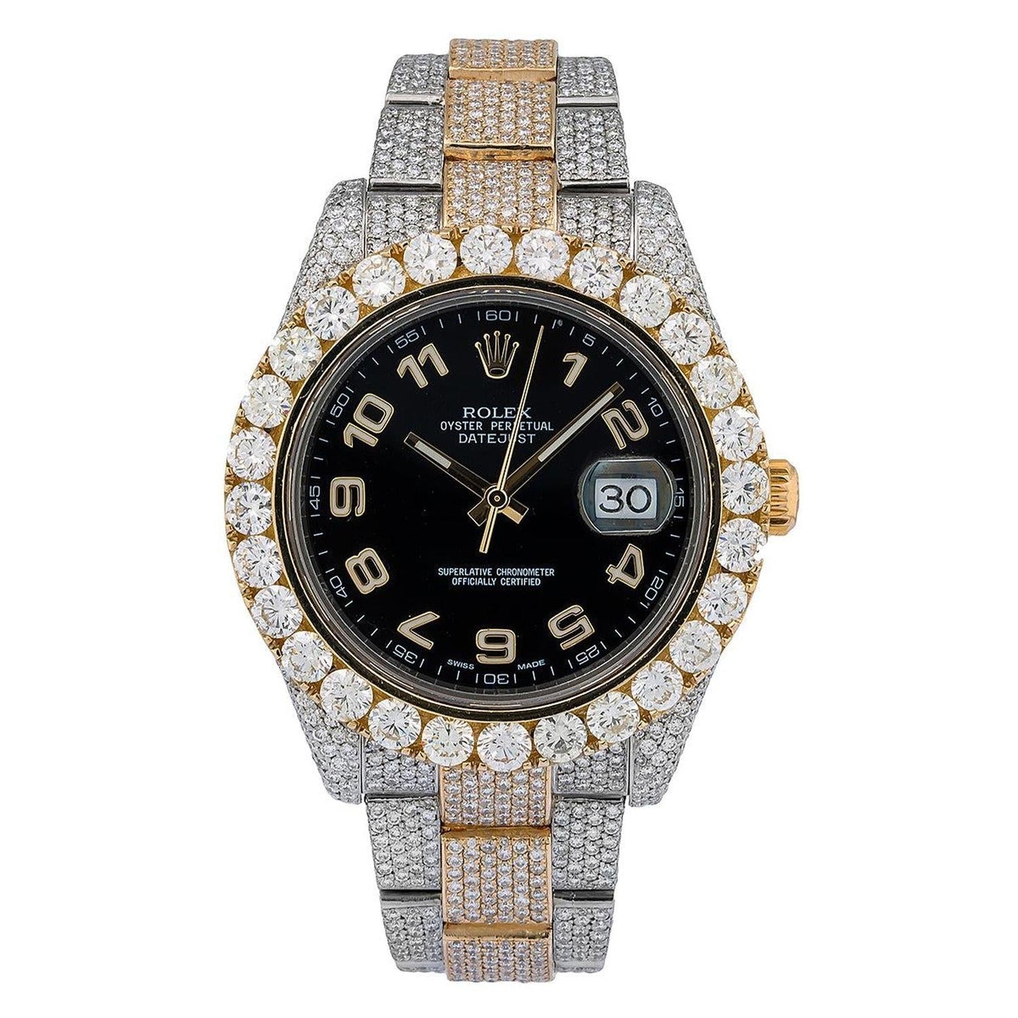 Rolex Datejust II 41MM 116333 Black Arabic Dial Diamond Bezel Two Tone Yellow Gold Full Diamond Oyster Bracelet 25.75ct