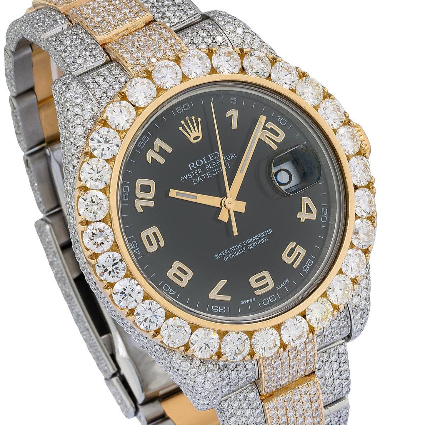 Rolex Datejust II 41MM 116333 Black Arabic Dial Diamond Bezel Two Tone Yellow Gold Full Diamond Oyster Bracelet 25.75ct
