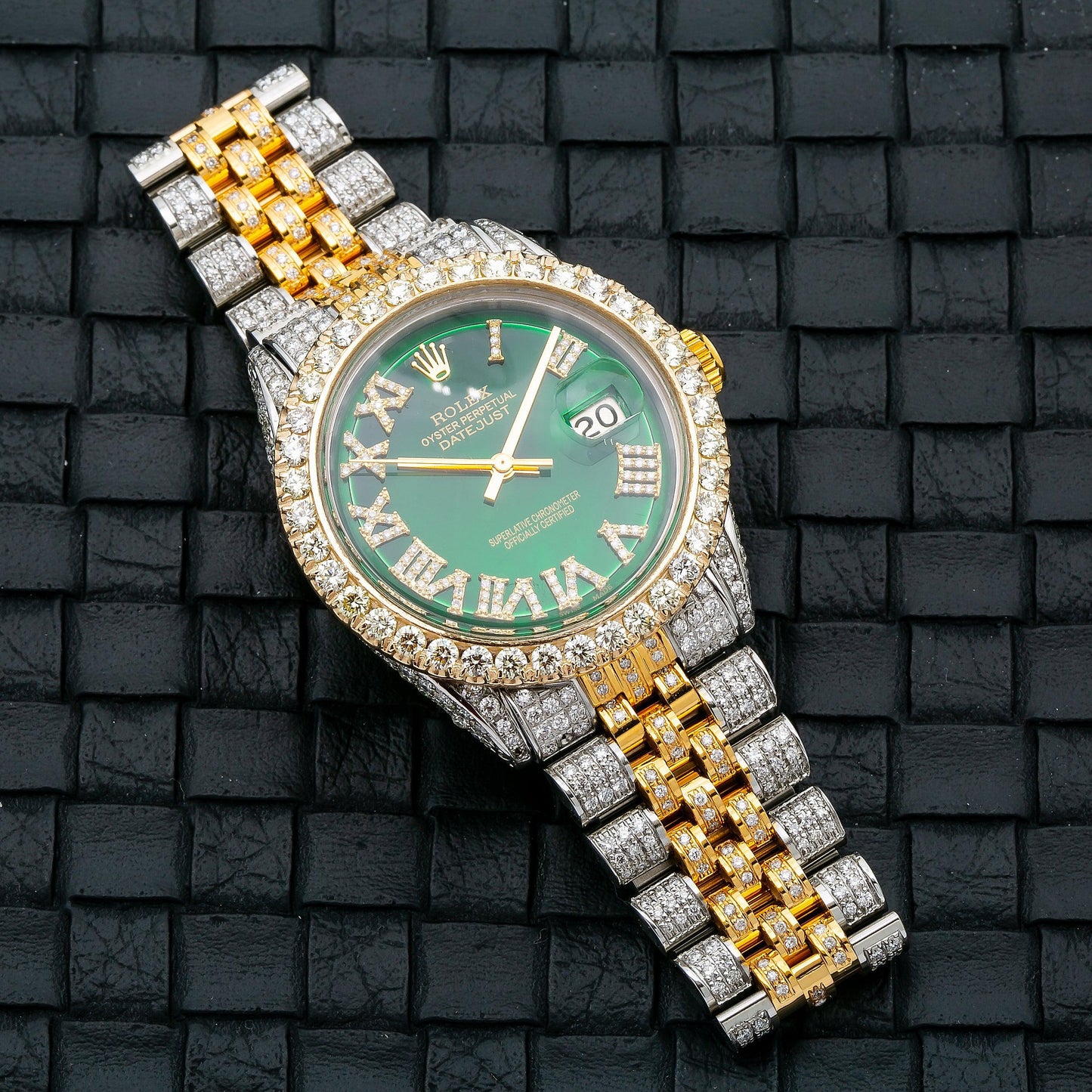 Rolex Datejust 36MM 1601 Green Roman Diamond Dial Diamond Bezel Two Tone Yellow Gold Full Diamond Jubilee Bracelet 8.25ct