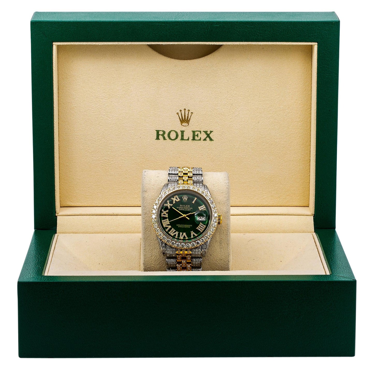 Rolex Datejust 36MM 1601 Green Roman Diamond Dial Diamond Bezel Two Tone Yellow Gold Full Diamond Jubilee Bracelet 8.25ct