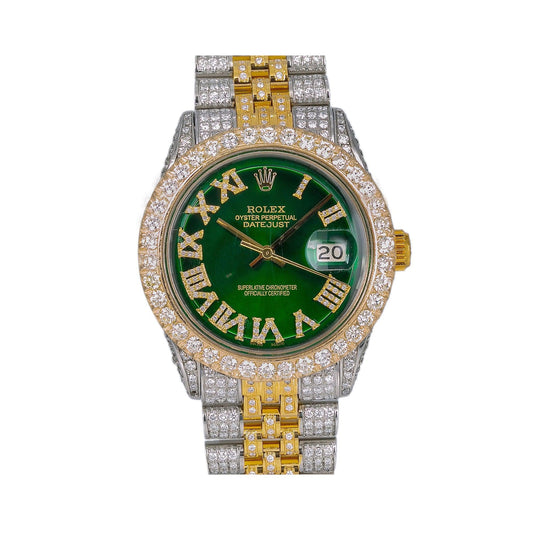 Rolex Datejust 36MM 1601 Green Roman Diamond Dial Diamond Bezel Two Tone Yellow Gold Full Diamond Jubilee Bracelet 8.25ct