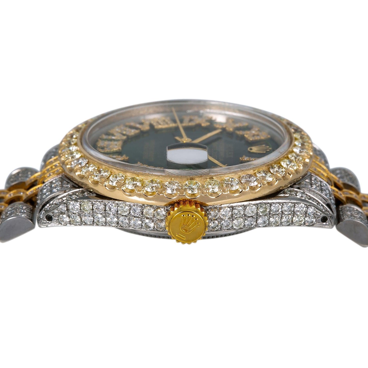 Rolex Datejust 36MM 1601 Green Roman Diamond Dial Diamond Bezel Two Tone Yellow Gold Full Diamond Jubilee Bracelet 8.25ct