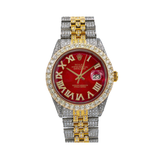 Rolex Datejust 36MM 1601 Red Roman Diamond Dial Diamond Bezel Two Tone Yellow Gold Full Diamond Jubilee Bracelet 8.25ct