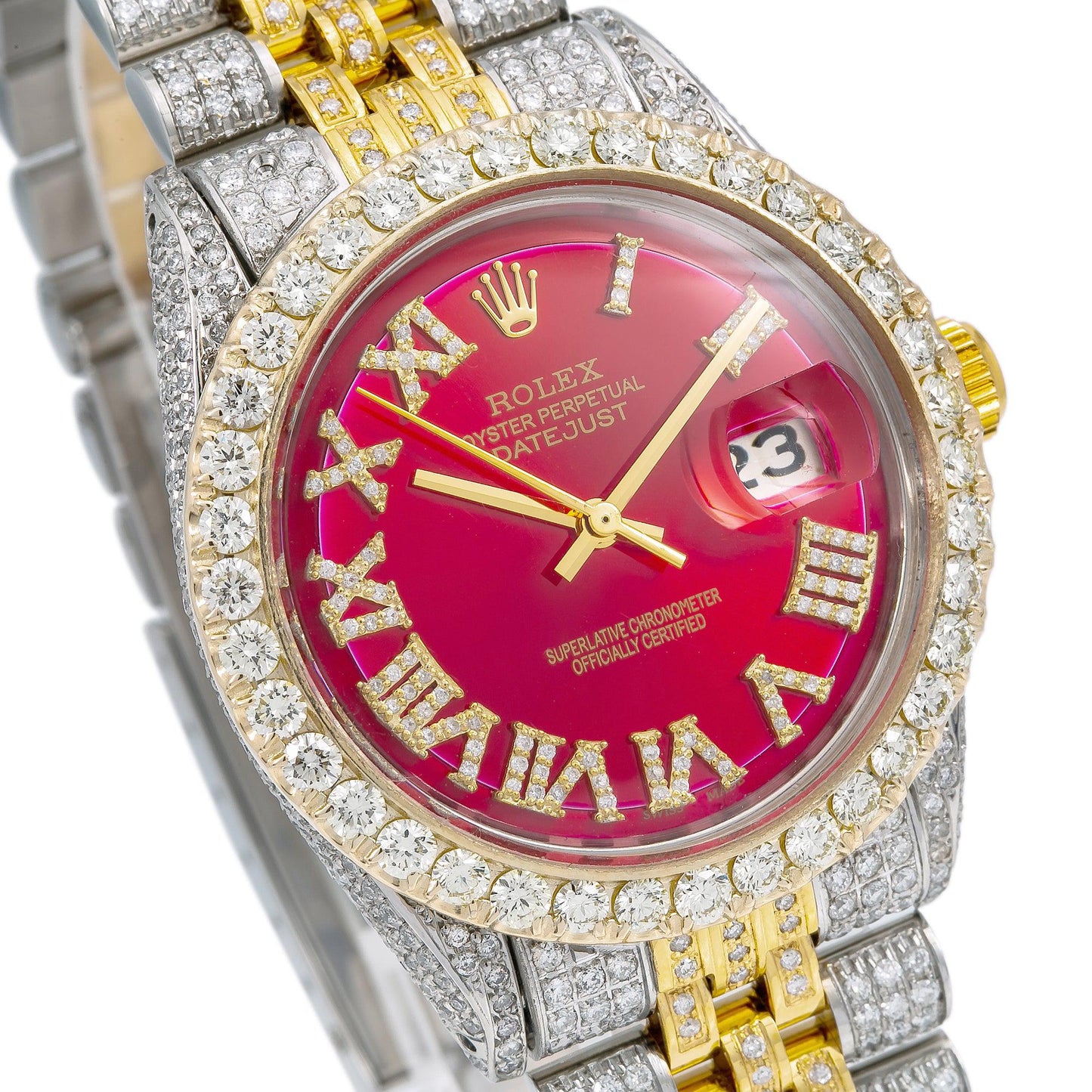 Rolex Datejust 36MM 1601 Red Roman Diamond Dial Diamond Bezel Two Tone Yellow Gold Full Diamond Jubilee Bracelet 8.25ct