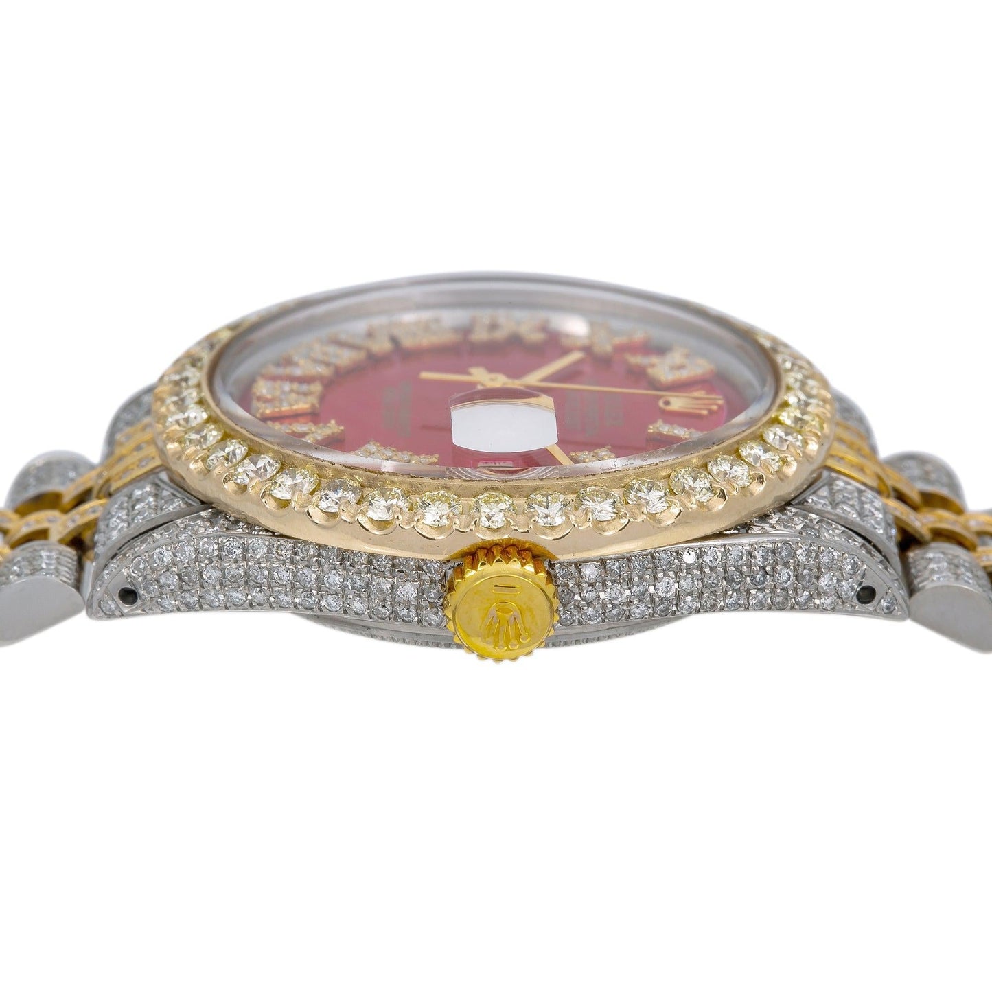 Rolex Datejust 36MM 1601 Red Roman Diamond Dial Diamond Bezel Two Tone Yellow Gold Full Diamond Jubilee Bracelet 8.25ct