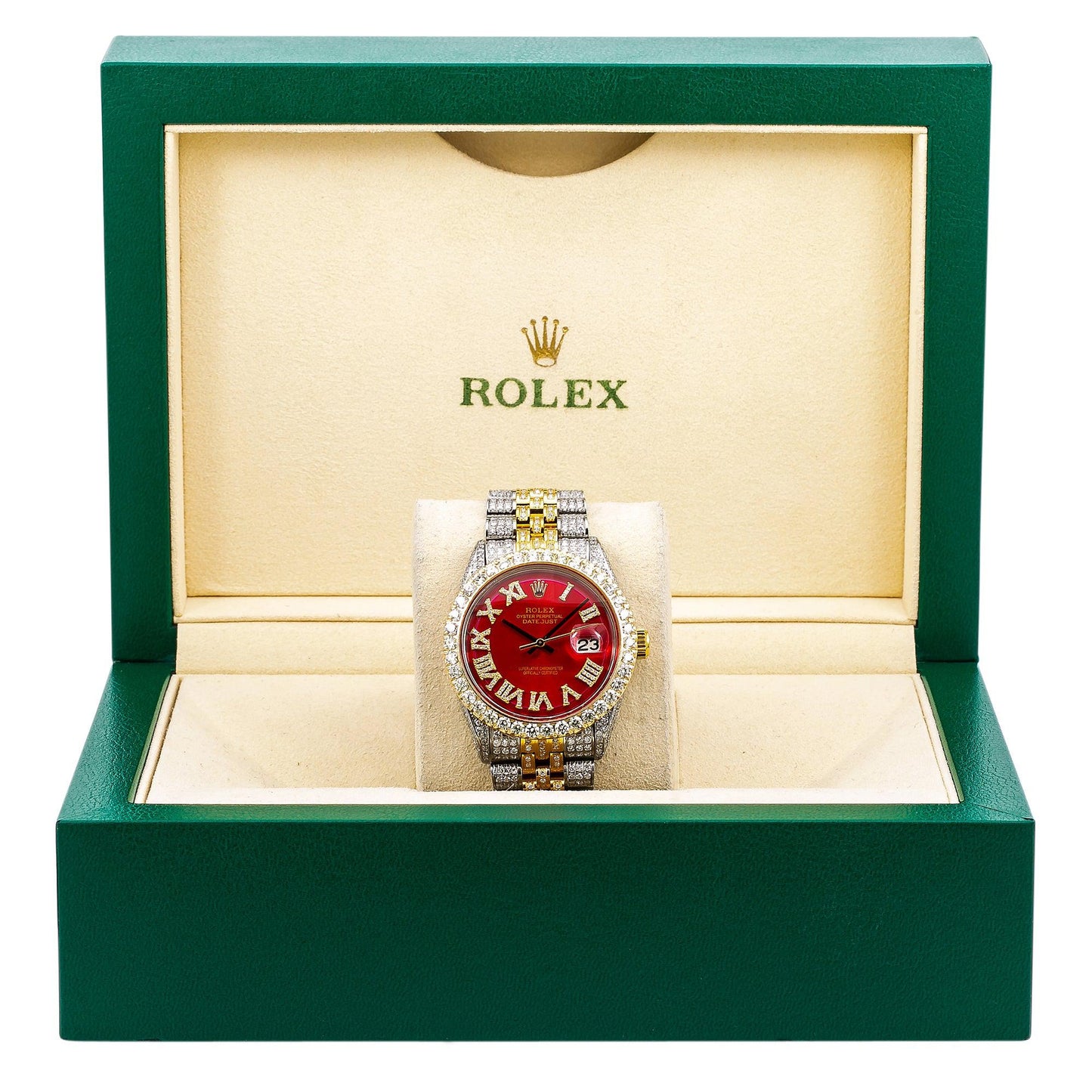 Rolex Datejust 36MM 1601 Red Roman Diamond Dial Diamond Bezel Two Tone Yellow Gold Full Diamond Jubilee Bracelet 8.25ct