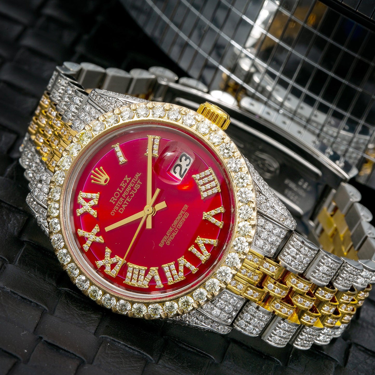 Rolex Datejust 36MM 1601 Red Roman Diamond Dial Diamond Bezel Two Tone Yellow Gold Full Diamond Jubilee Bracelet 8.25ct