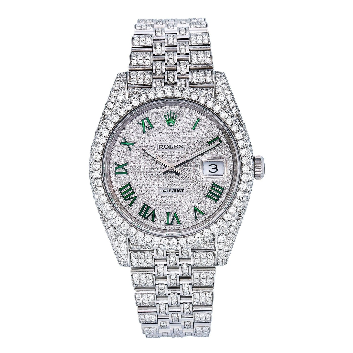 Rolex Datejust 41MM 126300 Diamond Paved Green Roman Dial Diamond Bezel Stainless Steel Full Diamond Jubilee Bracelet