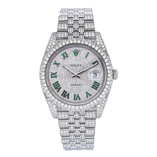 Rolex Datejust 41MM 126300 Diamond Paved Green Roman Dial Diamond Bezel Stainless Steel Full Diamond Jubilee Bracelet