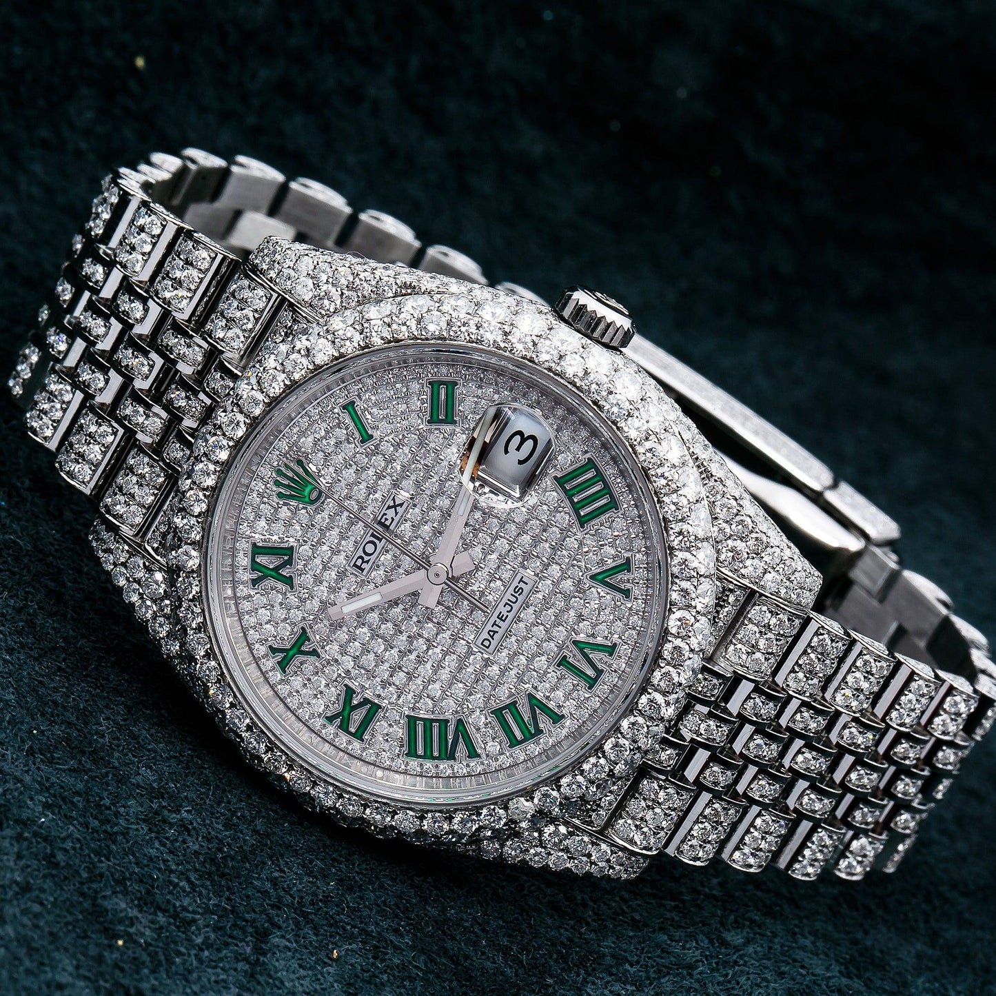 Rolex Datejust 41MM 126300 Diamond Paved Green Roman Dial Diamond Bezel Stainless Steel Full Diamond Jubilee Bracelet