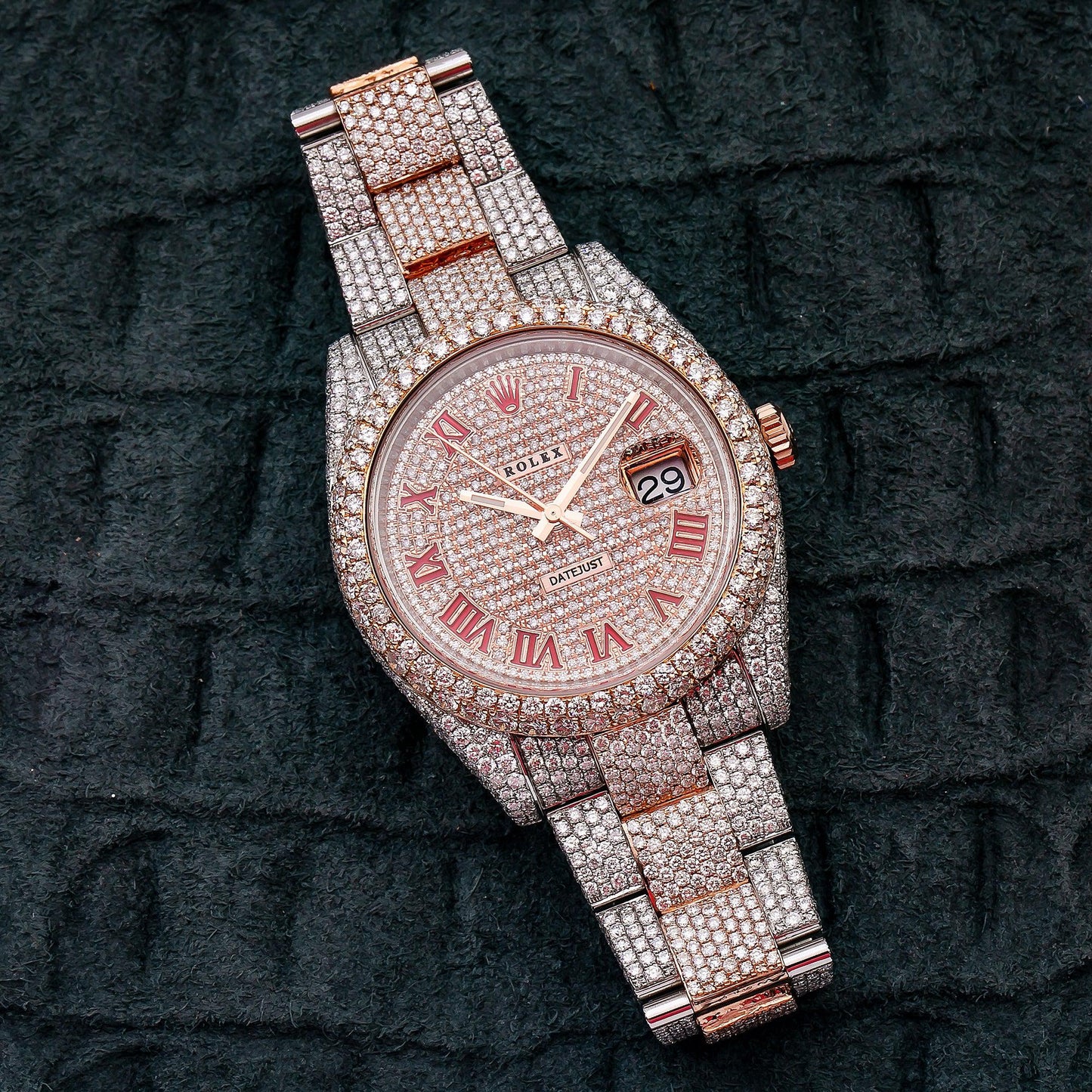 Rolex Datejust 41MM 126331 Diamond Paved Red Roman Dial Diamond Bezel Two Tone Rose Gold Full Diamond Oyster Bracelet