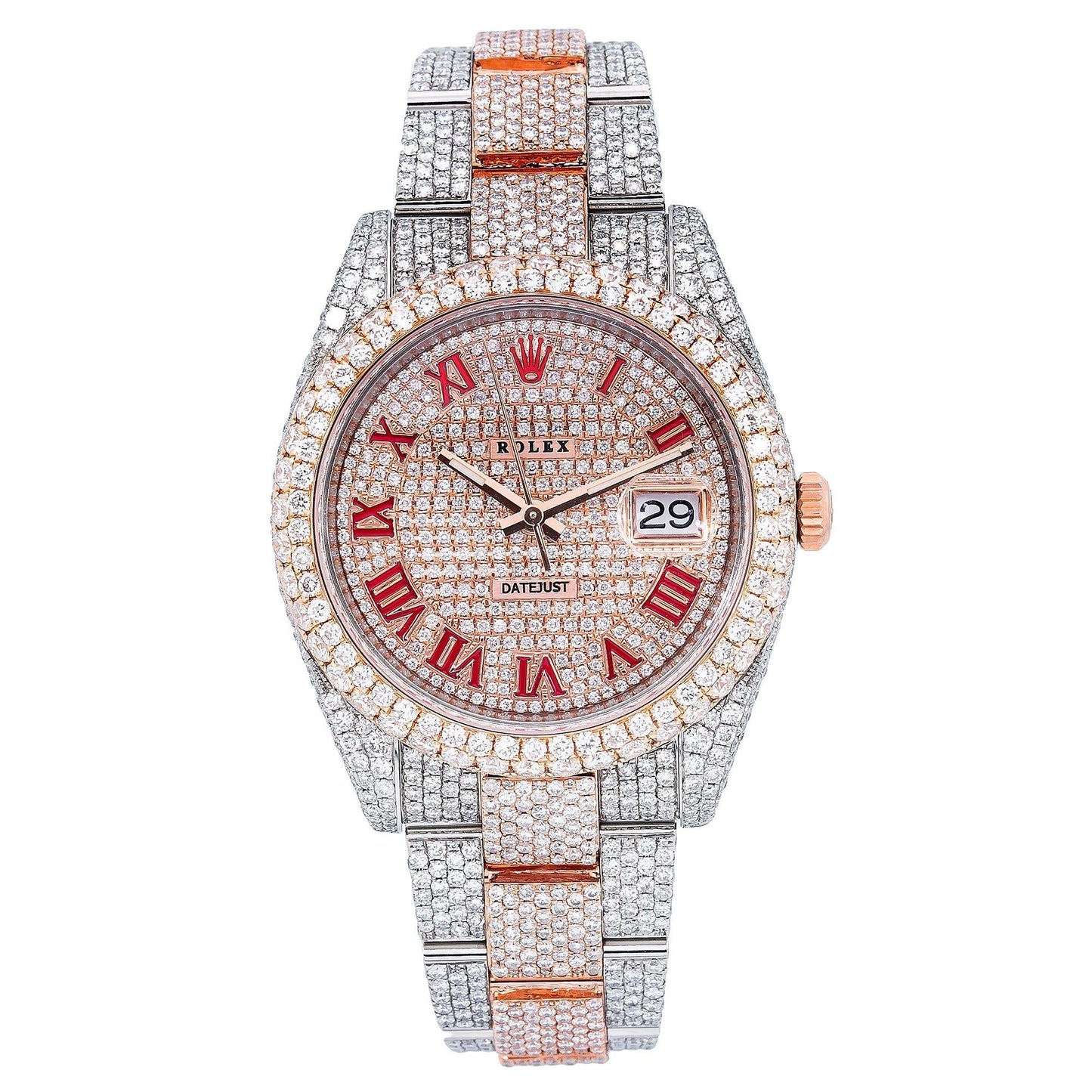 Rolex Datejust 41MM 126331 Diamond Paved Red Roman Dial Diamond Bezel Two Tone Rose Gold Full Diamond Oyster Bracelet