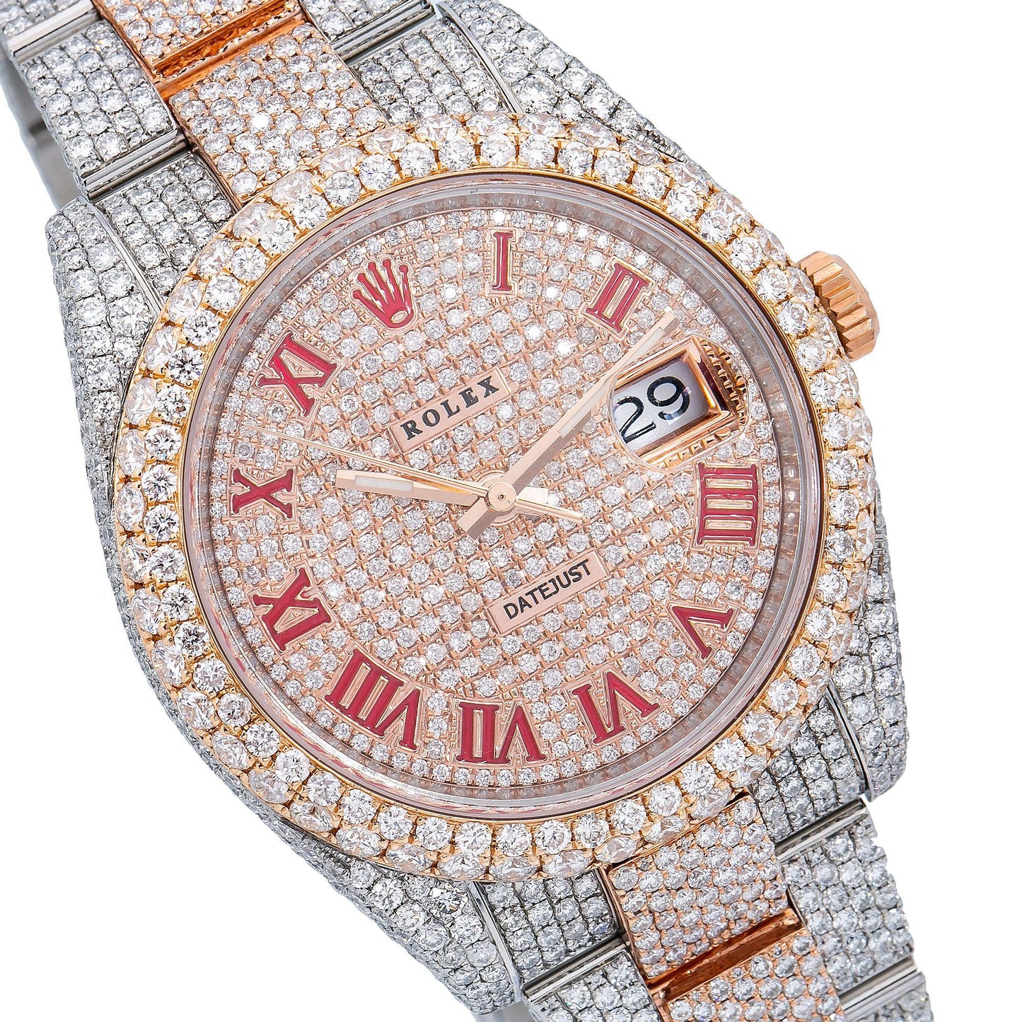 Rolex Datejust 41MM 126331 Diamond Paved Red Roman Dial Diamond Bezel Two Tone Rose Gold Full Diamond Oyster Bracelet