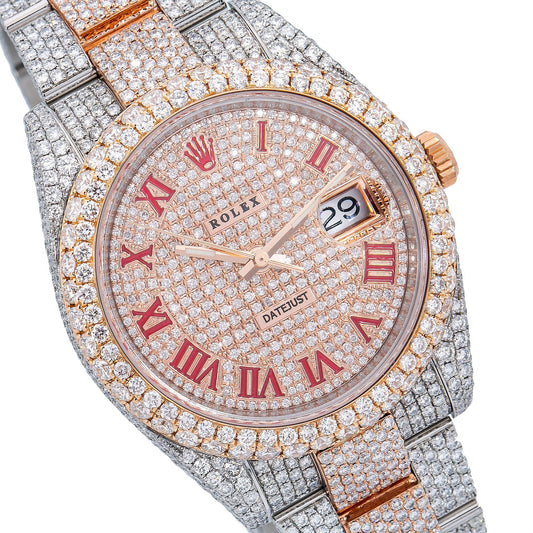 Rolex Datejust 41MM 126331 Diamond Paved Red Roman Dial Diamond Bezel Two Tone Rose Gold Full Diamond Oyster Bracelet