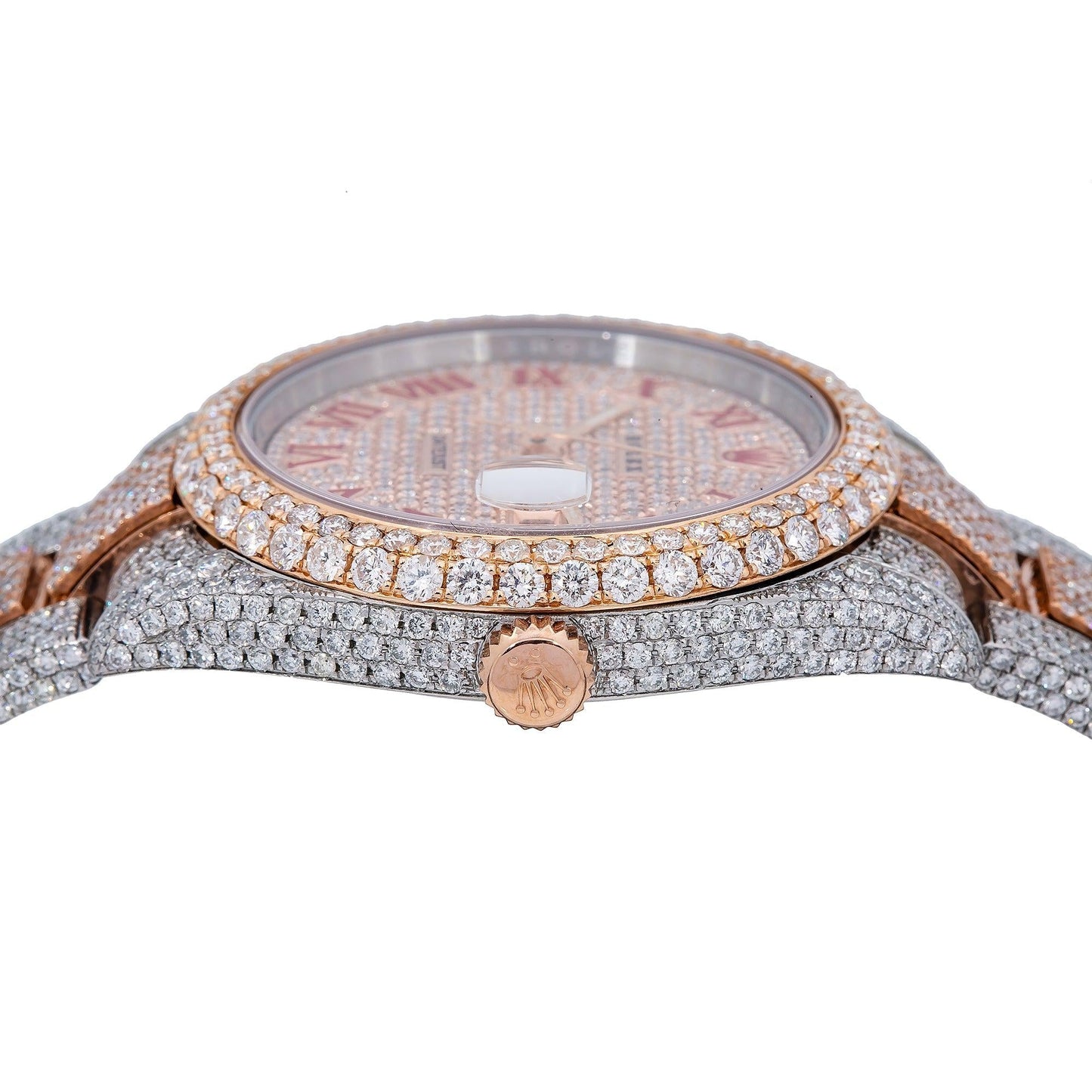 Rolex Datejust 41MM 126331 Diamond Paved Red Roman Dial Diamond Bezel Two Tone Rose Gold Full Diamond Oyster Bracelet
