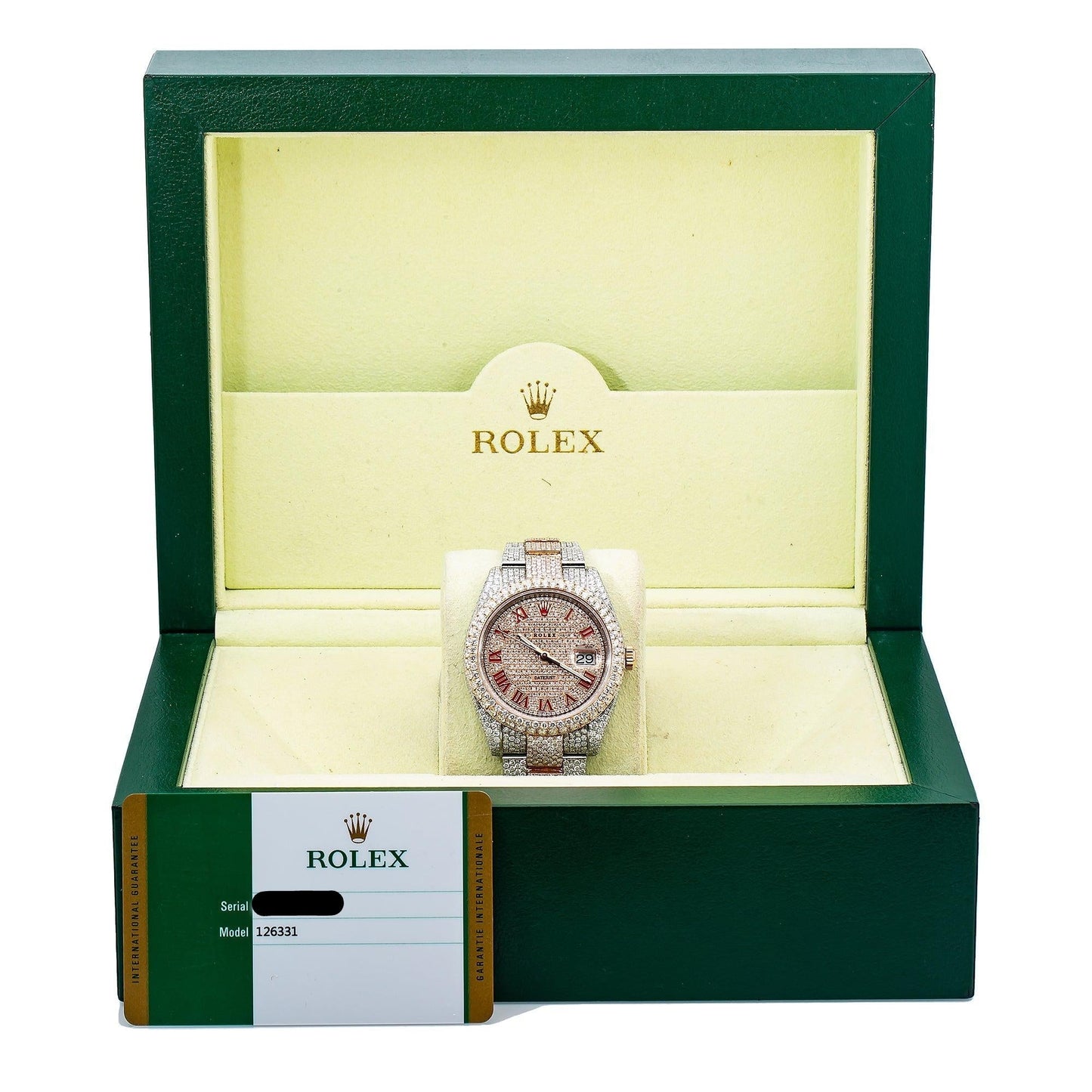 Rolex Datejust 41MM 126331 Diamond Paved Red Roman Dial Diamond Bezel Two Tone Rose Gold Full Diamond Oyster Bracelet