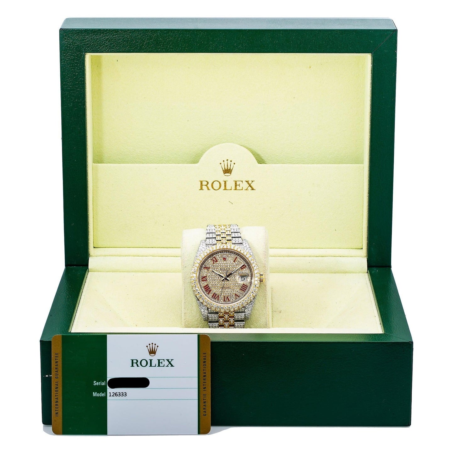 Rolex Datejust 41MM 126333 Diamond Paved Red Roman Dial Diamond Bezel Two Tone Yellow Gold Full Diamond Jubilee Bracelet