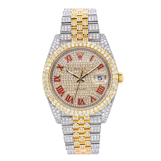 Rolex Datejust 41MM 126333 Diamond Paved Red Roman Dial Diamond Bezel Two Tone Yellow Gold Full Diamond Jubilee Bracelet