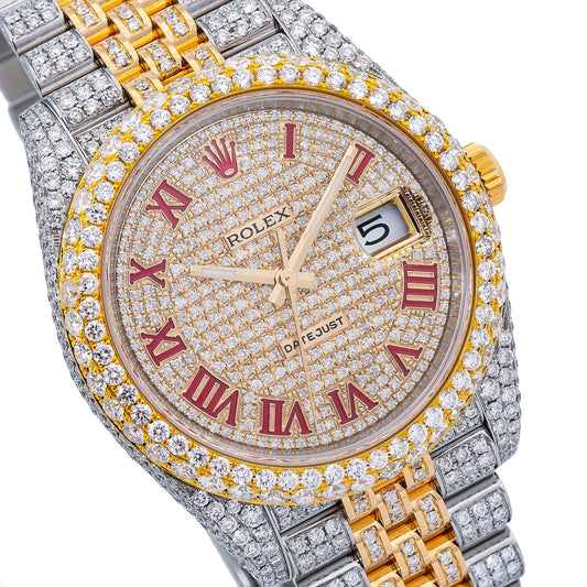 Rolex Datejust 41MM 126333 Diamond Paved Red Roman Dial Diamond Bezel Two Tone Yellow Gold Full Diamond Jubilee Bracelet