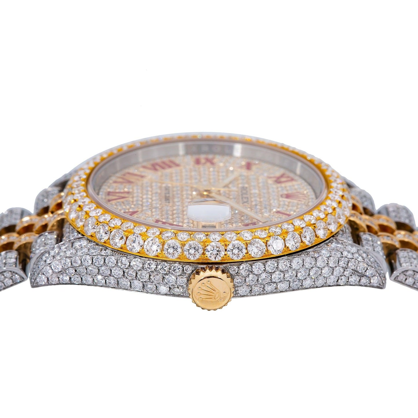 Rolex Datejust 41MM 126333 Diamond Paved Red Roman Dial Diamond Bezel Two Tone Yellow Gold Full Diamond Jubilee Bracelet
