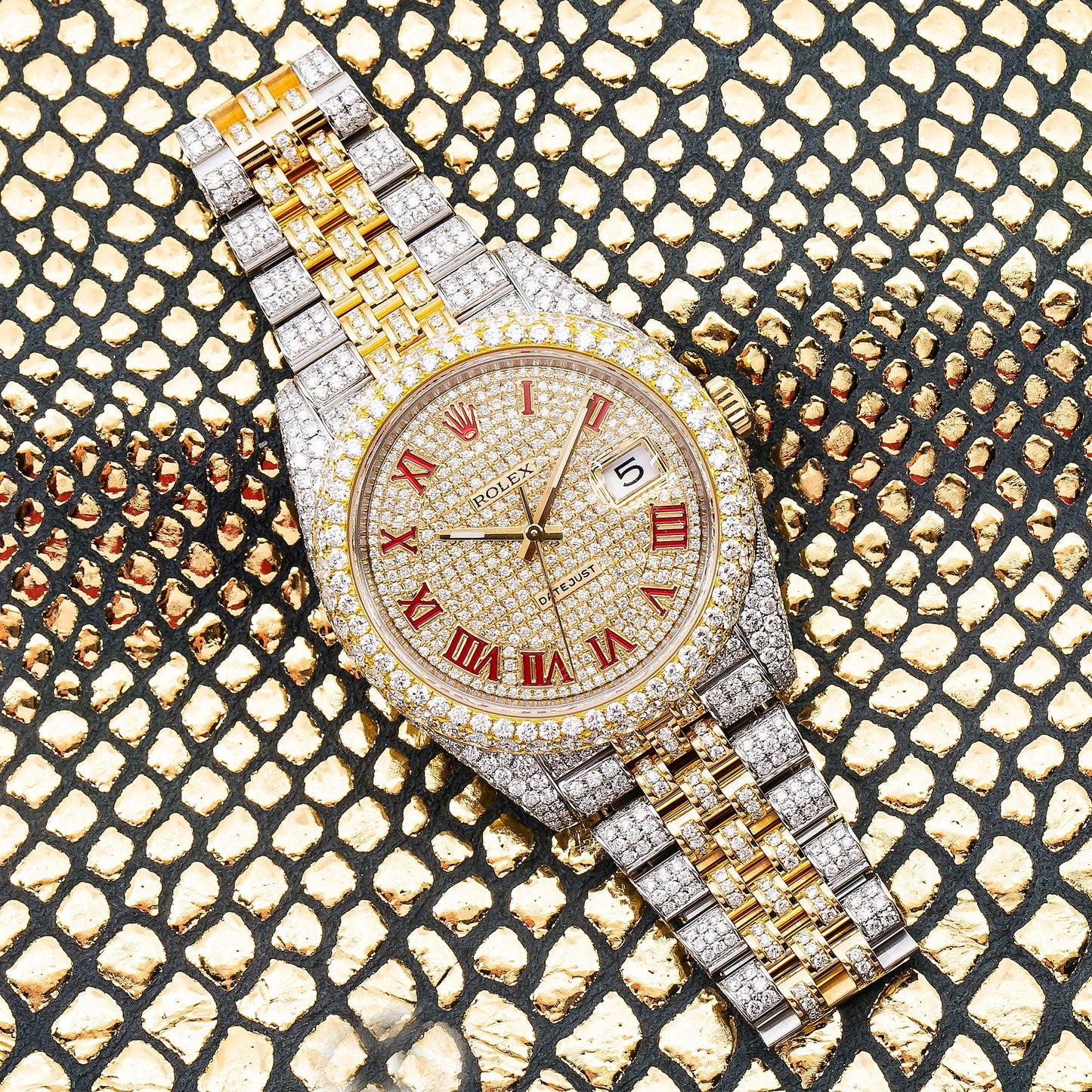 Rolex Datejust 41MM 126333 Diamond Paved Red Roman Dial Diamond Bezel Two Tone Yellow Gold Full Diamond Jubilee Bracelet