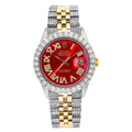 Rolex Datejust 36MM 1601 Red Roman Diamond Dial Diamond Bezel Two Tone Yellow Gold Semi Diamond Jubilee Bracelet