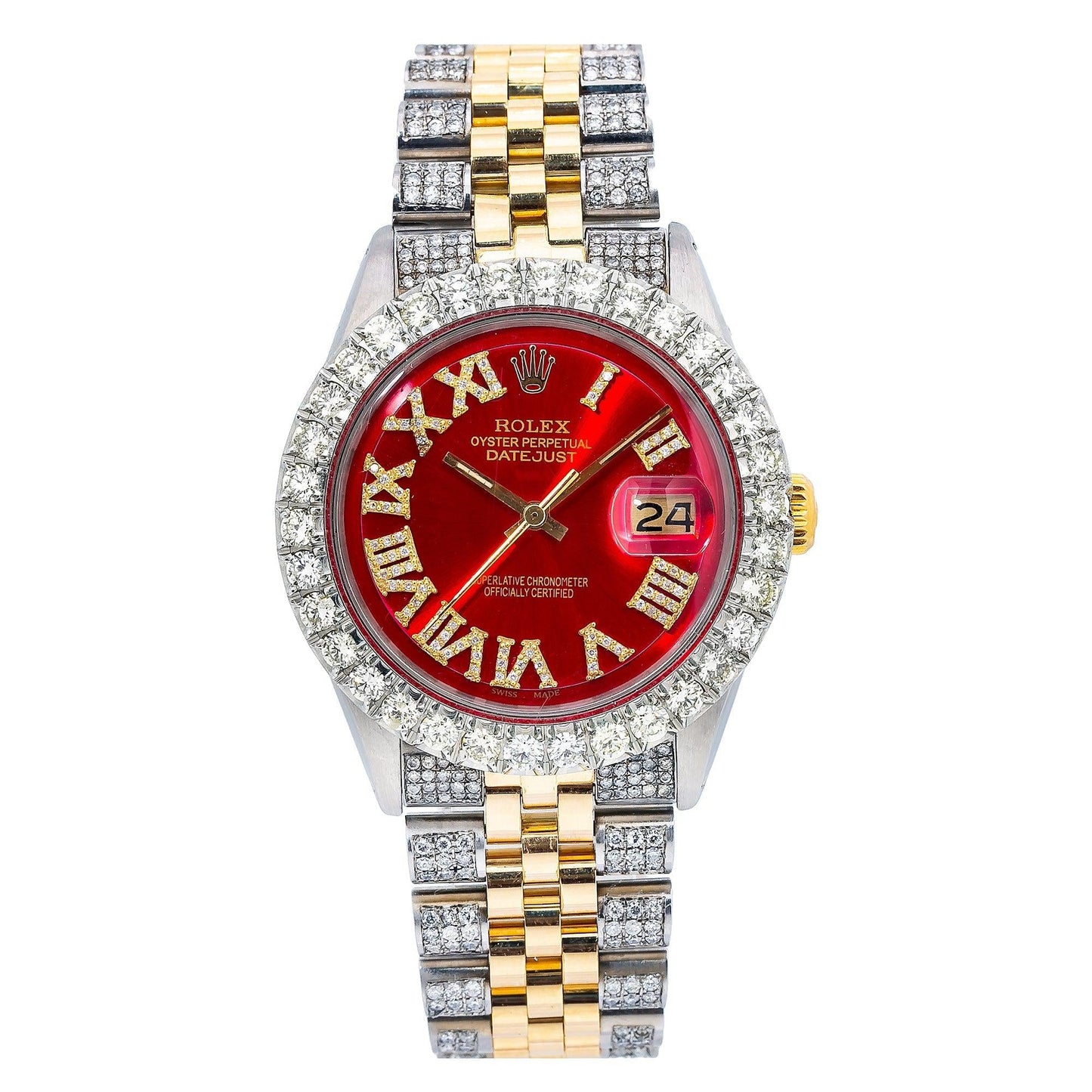 Rolex Datejust 36MM 1601 Red Roman Diamond Dial Diamond Bezel Two Tone Yellow Gold Semi Diamond Jubilee Bracelet