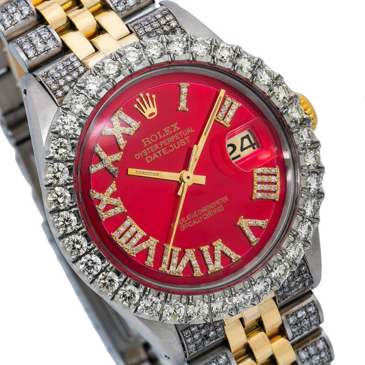 Rolex Datejust 36MM 1601 Red Roman Diamond Dial Diamond Bezel Two Tone Yellow Gold Semi Diamond Jubilee Bracelet