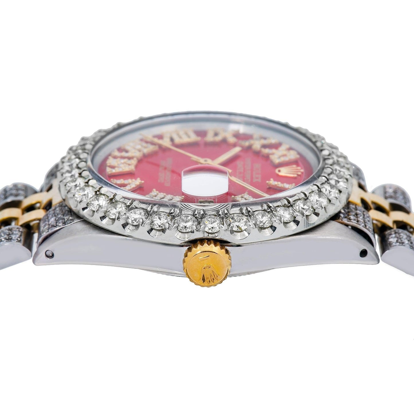 Rolex Datejust 36MM 1601 Red Roman Diamond Dial Diamond Bezel Two Tone Yellow Gold Semi Diamond Jubilee Bracelet