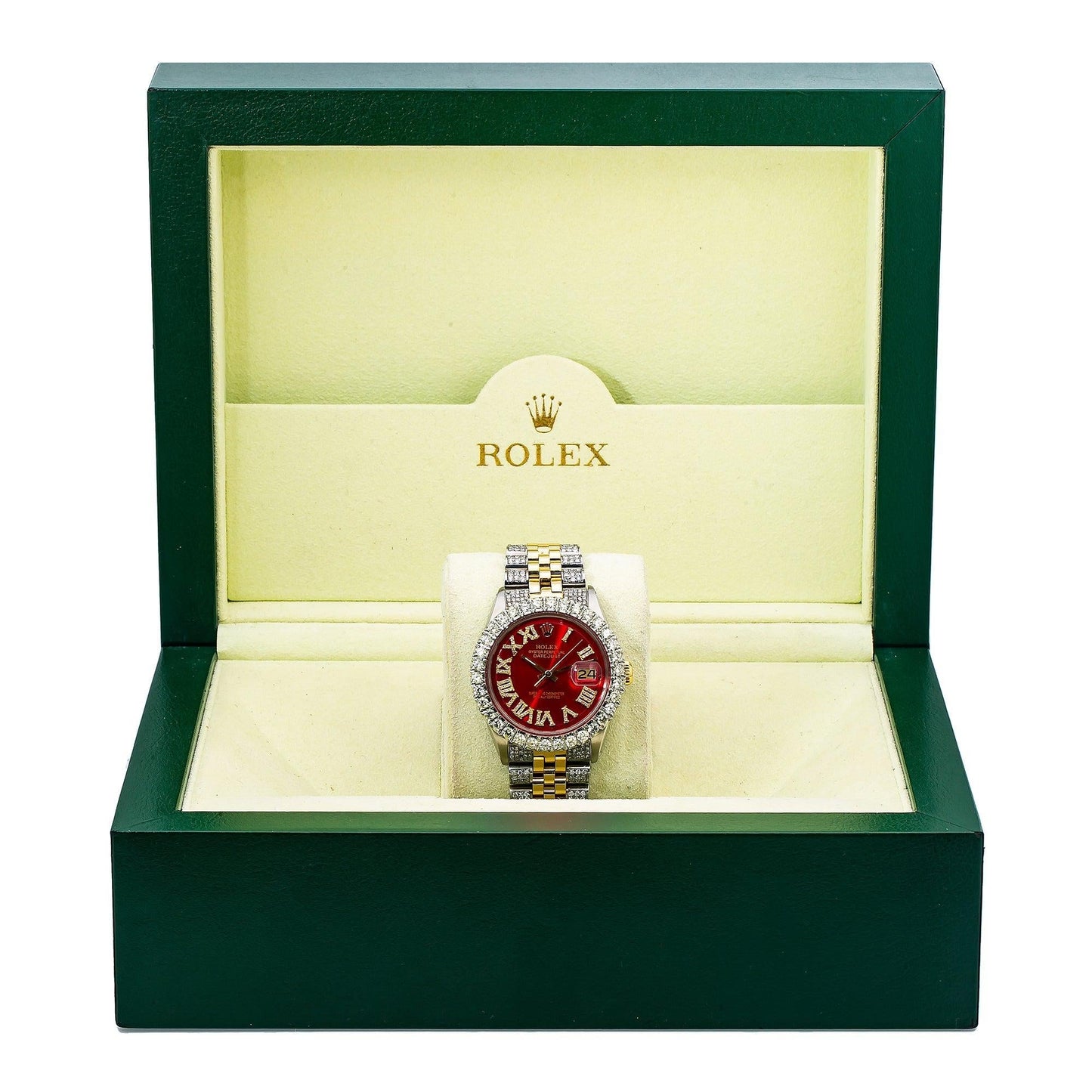 Rolex Datejust 36MM 1601 Red Roman Diamond Dial Diamond Bezel Two Tone Yellow Gold Semi Diamond Jubilee Bracelet