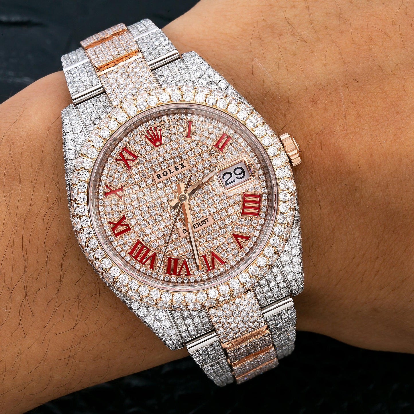 Rolex Datejust 41MM 126331 Diamond Paved Red Roman Dial Diamond Bezel Two Tone Rose Gold Full Diamond Oyster Bracelet