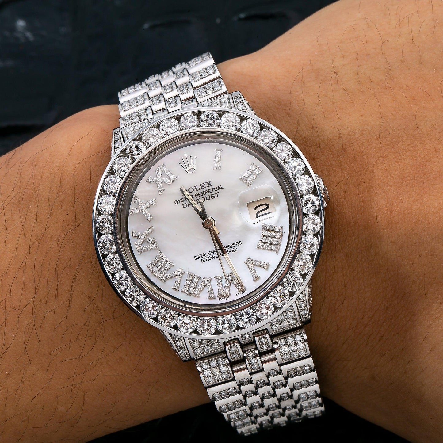 Rolex Datejust 36MM 16200 Mother of Pearl Roman Diamond Dial Diamond Bezel Stainless Steel Full Diamond Jubilee Bracelet