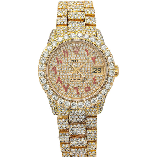 Rolex Datejust 31MM 68278 Diamond Paved Red Eastern Arabic Dial Diamond Bezel 18K Yellow Gold Full Diamond President Bracelet